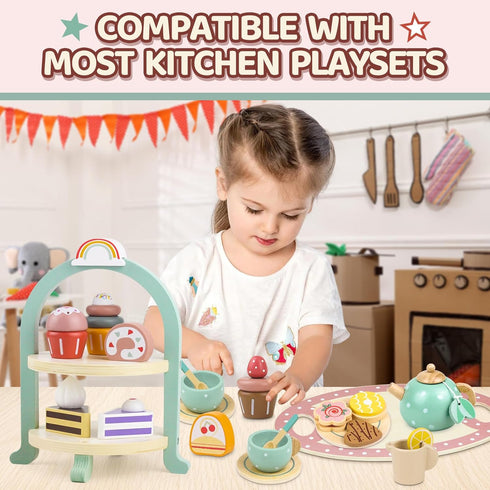Wooden Cake Toys Tea Party Set - Desserts Food Toy with Cupcake Stand, Pretend Play Kitchen Accessories