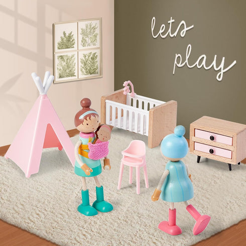 36pcs Set 5 3+ Giant bean Wooden Dollhouse Furniture with Dolls for Rooms, Wood & Plastic Pink Dollhouse Accessories