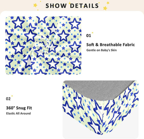 miaozhen 1 Pack 52x28 Cotton Baby Crib Sheets Soft Stretchy Blue Stars Dot Yellow Toddler Mattresses for Nursery Decor