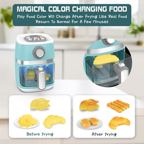 Toy Air Fryer for Kids Kitchen Playset, Chef Pretend Play Kitchen Accessories with Color Changing Play Food, Cooking
