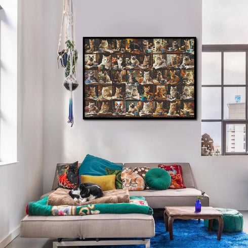 Cat Puzzles for Adults 1000 Pieces, Vintage Animal Collage Jigsaw Puzzle with 40 Coffee Book Cats