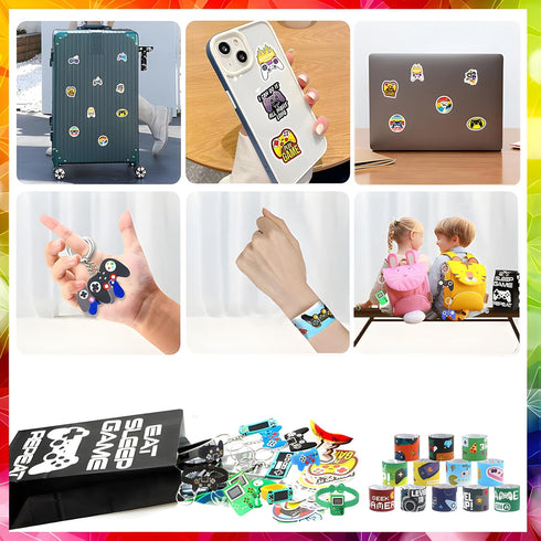 110 Pcs Video Game Party Favors, 12 Sets of Gaming Birthday Goodie Bags with Keychain, Slap Bracelet, Stickers