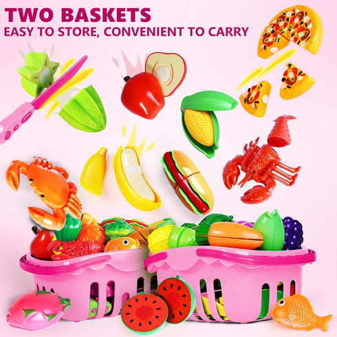 100 Set 2 Pcs Play Food for Kids Kitchen, Pretend Food Toy for Toddlers, Play Kitchen Toys Accessories with Baskets