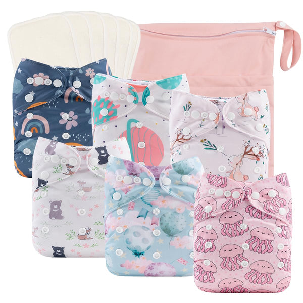 babygoal Reusable Cloth Diapers 6 Pack+6pcs Rayon from Bamboo Inserts+Wet Bag, One