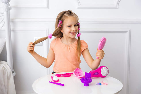JOYIN 17Pcs Girls Beauty Salon Set, Pretend Play Doll Hair Stylist Toy Kit with Accessories