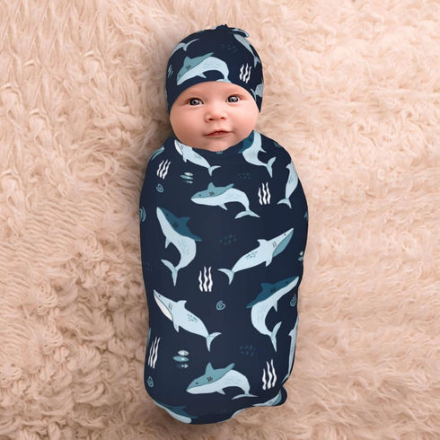 Osvbs Sets Sharks Ocean Baby Stuff Newborn Swaddle Blanket Animal Baby Wrap Blanket Soft with Beanie Hat Gifts