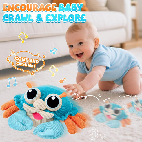 12-18 50 Tummy 1-3 Golray Baby Crawling Toys Months, Musical Dancing Walking Moving Crab with Pure Cotton & Songs, Time