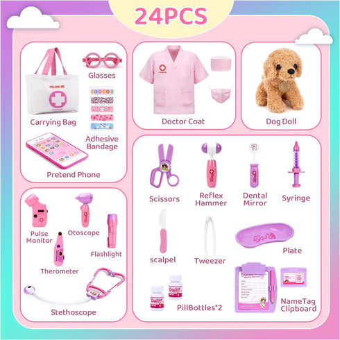 Set 3 4 5 6 Meland Toy Doctor Kit for Girls, Pretend Play Toy Doctor with Dog , Carrying Bag, Stethoscope & Dress Up