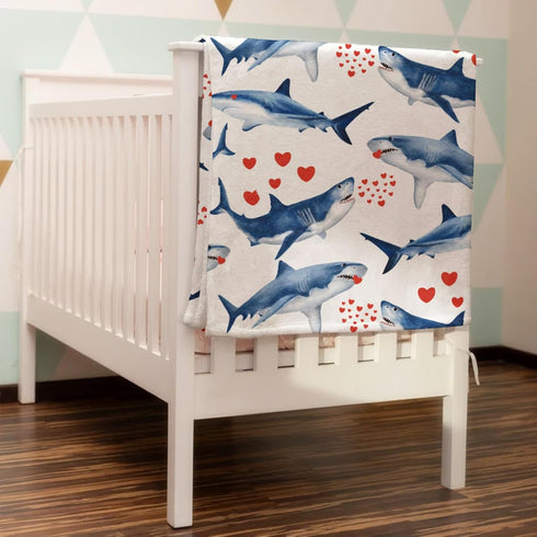 Watercolor Sea Shark Love Baby Blanket, Ocean Animals Hearts Flannel Soft Swaddle Receiving Blanket 30x40