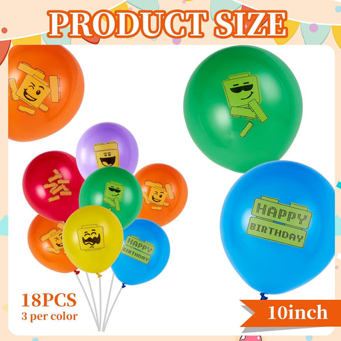 SUNBEAUTY 18 Pcs Building Block Party Balloons Brick Theme Kids Birthday Supplies Decorations in 6 Colors