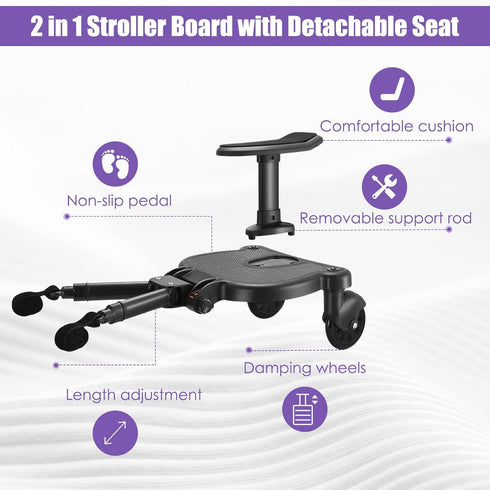 Buggy Board Universal Stroller Board with Detachable Seat, 2in1 Sit and Stand Attachment for Toddler, Holds 55lbs