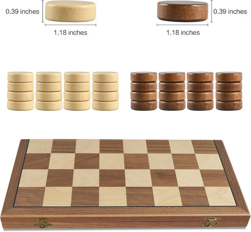 15" Set 8x8 24 OUMODA Walnut Magnetic Checkers Board Game - Folding Wooden Chessboard with Interlocking Pieces, Storage