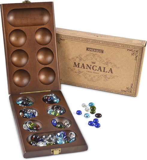 AMEROUS Wooden Mancala Board Game Set with 72+8 Bonus Multi Color Glass Stones - Classic Family Game