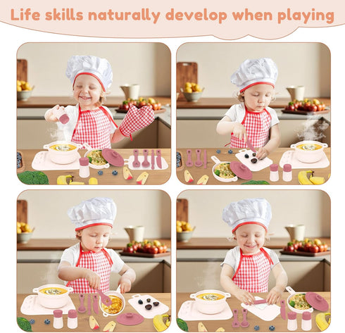 11Pcs Sets,Cooking Set 1-3,Pink TYRY.HU BPA Free Kids Play Kitchen Accessories Toy, Silicone Pretend Play Food Toys