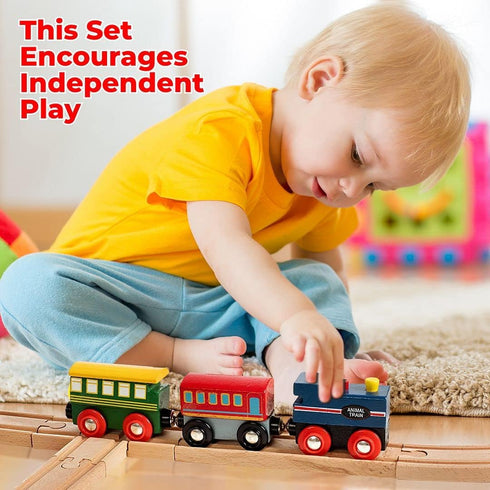 Wooden Train Set 35 Piece All in One Wooden Toy Train Tracks Set with Magnetic Trains and Railway Accessories in Clear