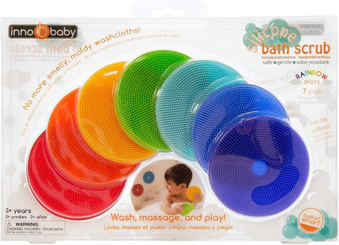 7-Pack Innobaby Bathin' Smart Rainbow Spots Silicone Bath Scrub for Kids and Toddlers, Value.