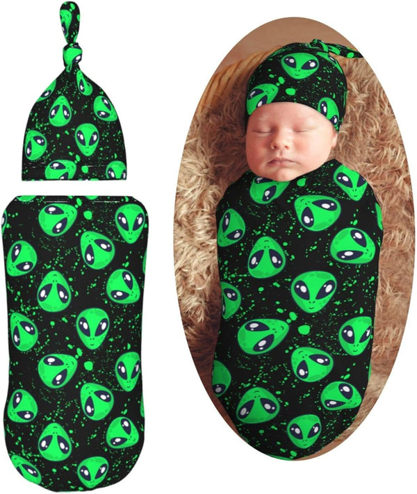 Green Alien Head Newborn Swaddle Blanket and Hat Set, Soft Baby Receiving Blanket for Infant Boy Girl Gift