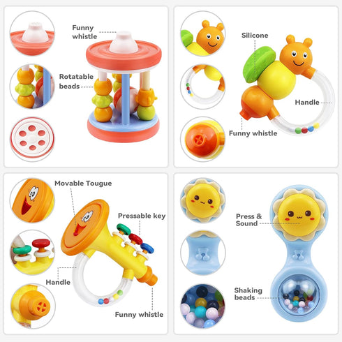 MOONTOY 12pcs Baby Rattles Set, Teething Toys for Babies 0-6 Months, Infant Chew Toys for Newborn Gifts