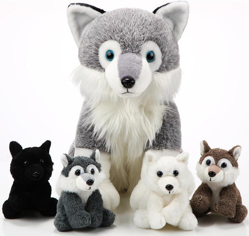 Honoson 5 Pcs Wolf Plush Toy Set 14 Inch Mommy Wolf Stuffed Animal
