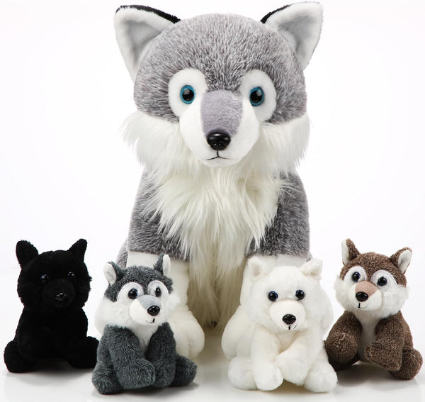 Honoson 5 Pcs Wolf Plush Toy Set 14 Inch Mommy Wolf Stuffed Animal