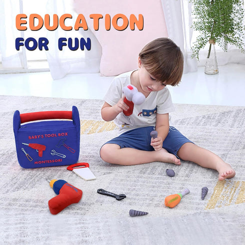 10-Piece Playset, Hammer, My First Tool Box Baby, Soft Plush Sensory Baby Tool with Electric Drill, Saw, Wrench