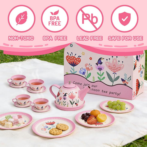 Set 3-6, 15-Piece Set Floral Tea Party for Little Girls Ages Pretend Play Kitchen Toys with Teapot, Cups, Plates