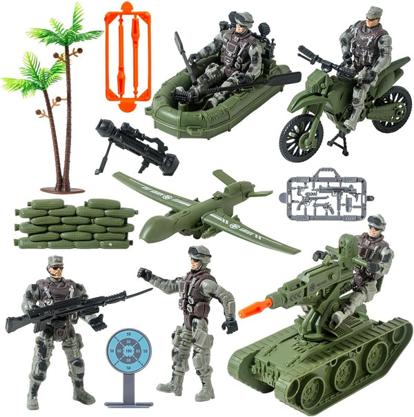 Army Toys Military Soldier Action Figures Set with Green Army Men, Rowboats, Motorcycles, and Accessories for Boys
