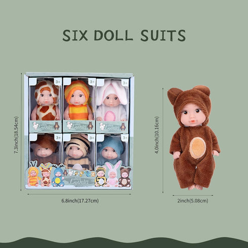 Vueos 6PCS 4inch Set 6 3+ Mini Dolls - Baby Doll with Animal Outfits & Accessories, Reborn Baby Dolls for Kids Role