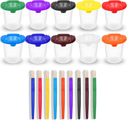 Paint Cups – 10 Pack No Spill Paint Containers with Lids for Kids, Toddler Art Supplies Paint Cups with Brushes