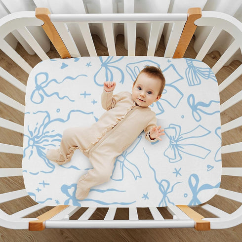 KICPOAY 52 28 Cartoon Doodle Blue Bows Fitted Crib Sheets Stretchy Portable Playard Sheets for Baby Toddler, Breathable