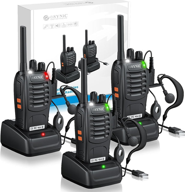 eSynic 3 Pack Walkie Talkies Kit-3 Miles Long Range Walky Talky-Rugged Designed-Flashlight &