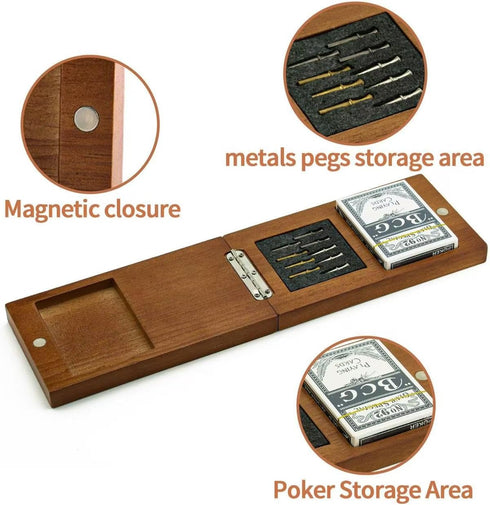 Set, 9 Wooden Cribbage Board Game Travel Cribbage Board with Storage and Collapsible, with Magnetic Lock / Metal