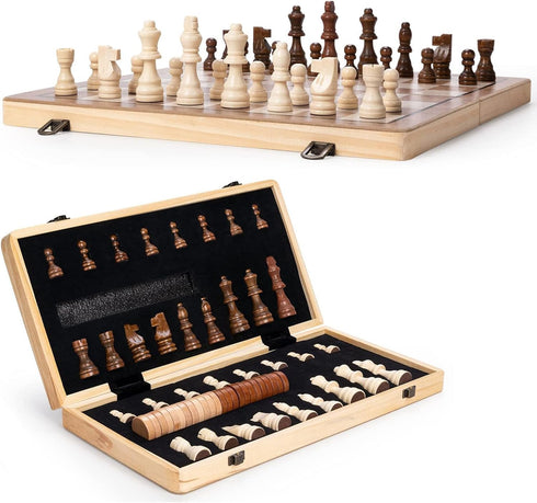 15" Wooden Chess Set | Folding Board, 2 Extra Queens | Magnetic