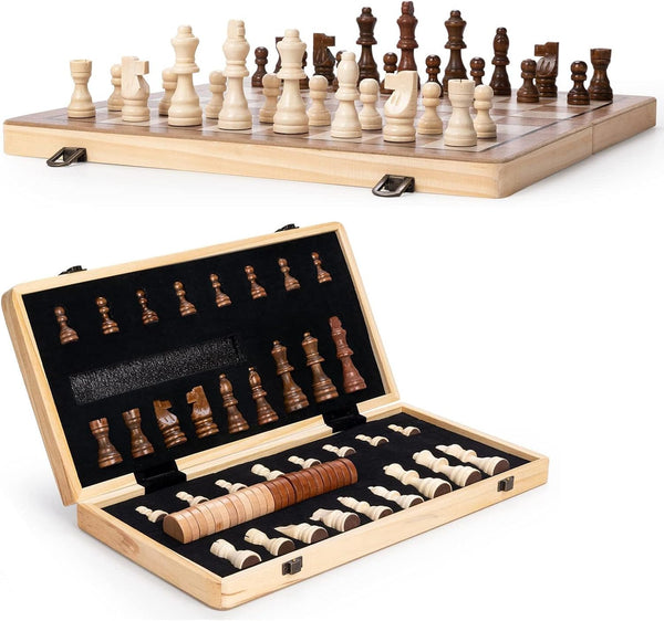 15" Wooden Chess Set | Folding Board, 2 Extra Queens | Magnetic