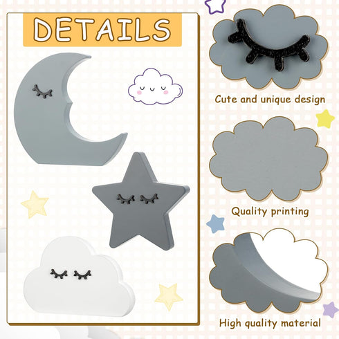 Briwooody 3 Pcs Moon Stars and Cloud Celestial Nursery Decor Bohemian Wood Nursery Shelves Decoration Wooden Nordic