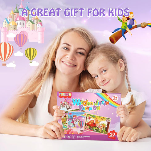 Wooden Puzzles Toys for Kids Ages 3-5, Set of 4 Packs with 20-Piece Unicorn Mermaid Princess Jigsaw Puzzles,