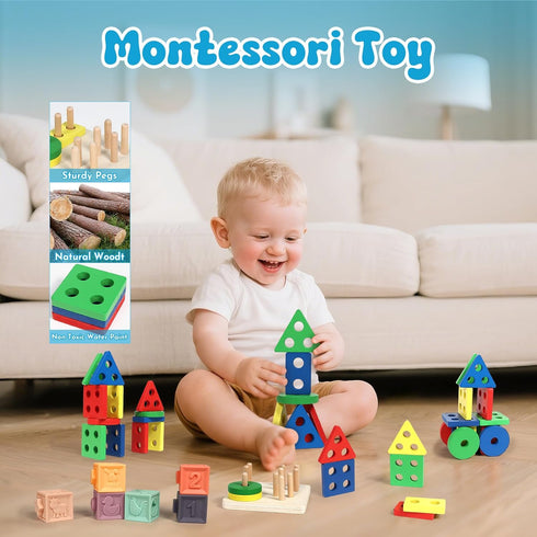 18-36 7-in-1 Set LearnToy Baby Toys Months, Montessori Activity - Stacking Blocks, Infant Teething Toy & Sensory Bin