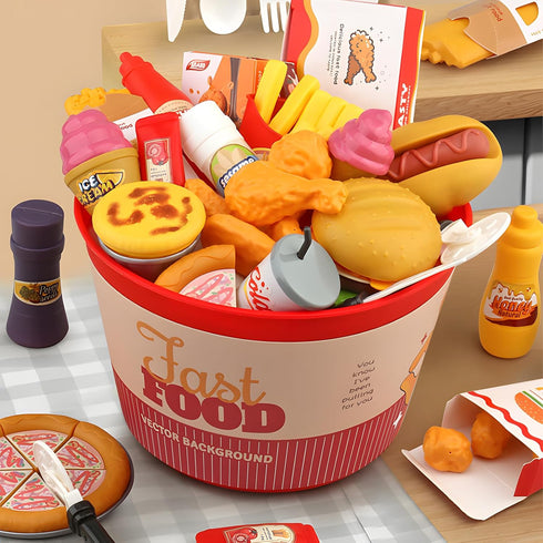 80 3 4 5, Set Pcs Pretend Play Food Toy for Kids Kitchen Aged Fast Food with Storage Bucket, Pizza, Burger, Ice Cream