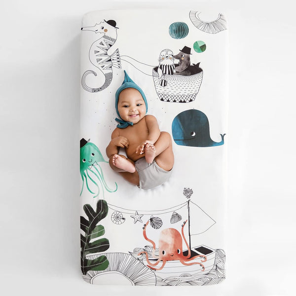 Rookie Humans 100% Cotton Sateen Fitted Crib Sheet: Underwater Love. Modern Nursery,