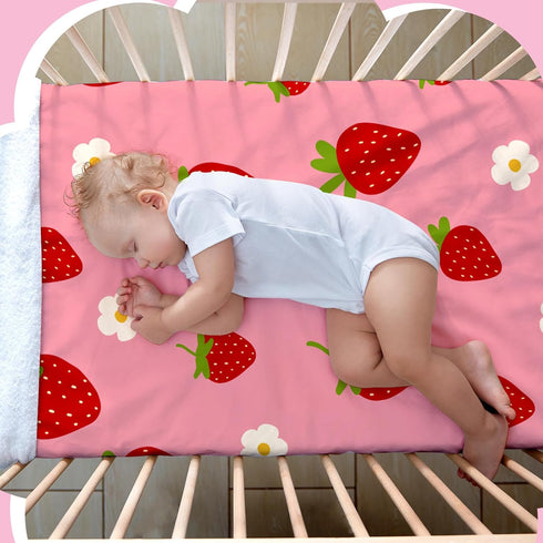 Hahafelt 4 Pack 52'' 28'' Set Strawberry Baby Crib Fitted Sheet for Girls x Strawberry Stretchy Neutral Fitted Crib