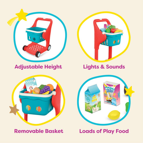 B. toys Shop & Glow Toy Cart, Pretend Play Grocery Cart with Lights & Sounds for Toddlers 2 Years and Up