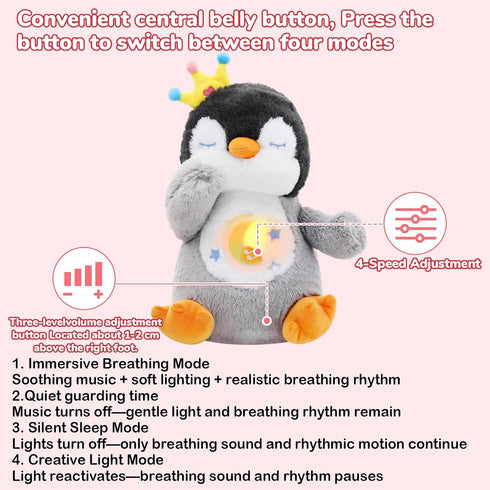 4 Breathing Stuffed Animal, Soothe Snuggle Penguin Plush for Anxiety Adults and Kids, Volume Control, Machine Washable