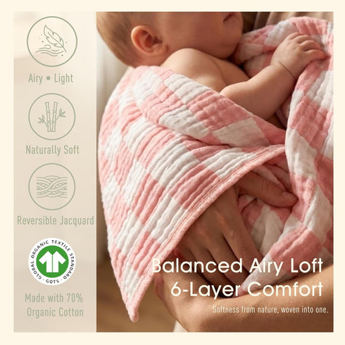 (1-Pack) Ultra-Soft Muslin Baby Blanket - Swaddle & Crib for Girls, Pink Checkered
