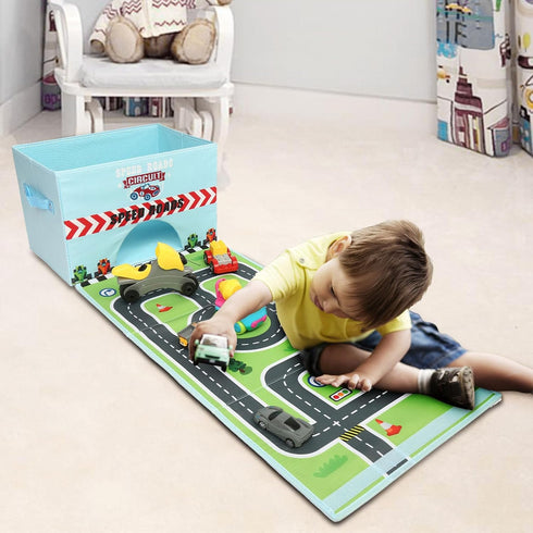 Livememory Toy Cars Garage Box - 2 in 1 Toy Car Storage Car Toys Storage Box with Speed Roads (Not Included Cars)-Sky Blue