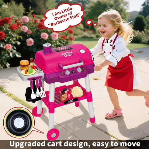 Set, Playset 2-Layer Playset, Kids Kitchen Toy Kids BBQ Grill with Smoke Sound Light, Barbecue Toy with Wheel