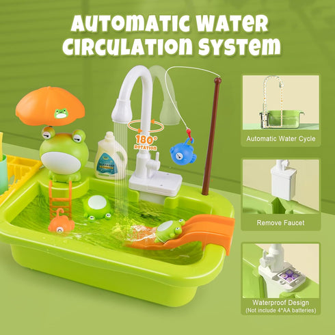 Aukful Play Sink with Running Water,Kids Sink Toy with Automatic Water Cycle System,Sink Fishing Game Toy with Food