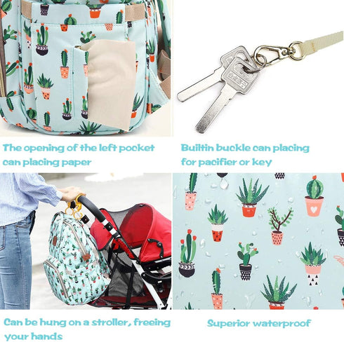MCWTH Backpack Set Cactus Green Diaper Bag for Baby Girls Mom, Large Bags with Nappy Pouch Stroller Straps