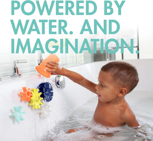 Boon Cogs Baby Bath Toys, Spinning Gear Themed Sensory Toys for Bathtub, Navy and Yellow, 5 Count