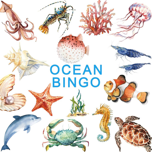 Fainne Ocean Bingo Game - 28 Players for Kids, Under Sea Creature Playing Cards, Educational Memory Group Games
