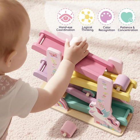 1 4 2 Lehoo Castle Wooden Car Ramp Toys for Year Old Girl Birthday Gifts, Unicorn Montessori Toys for One Year Old